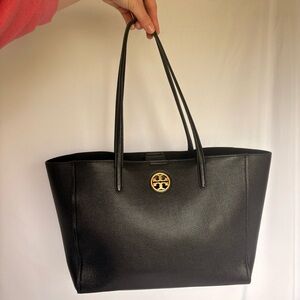 Tory Burch Black Pebbled Leather Double-Handle Tote with Gold Logo